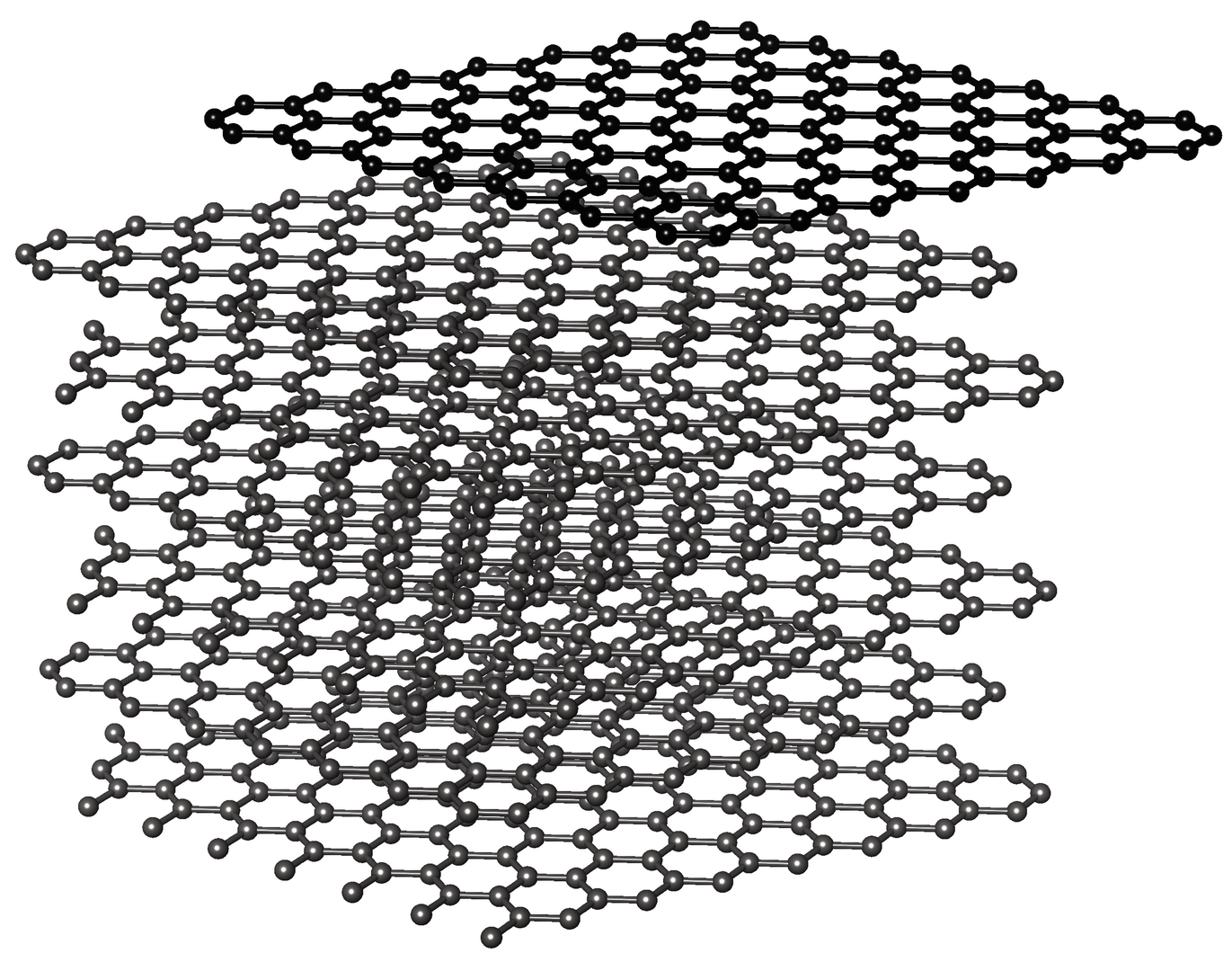 Mehrere hellgraue hexagonale Gitter liegen übereinander. Ganz oben ist eine einzelne dunkelgraue Schicht.