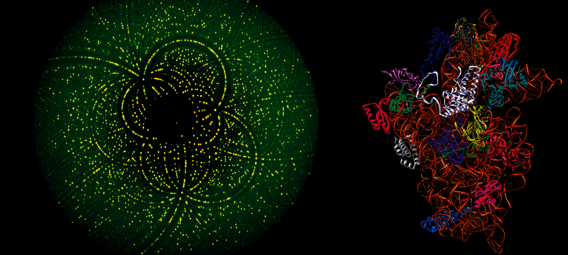 Links ein regelmäßiges Beugungsbild mit Kreisen und Punten, rechts eine Molekülstruktur.